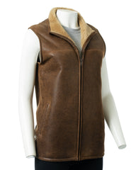 Ladies Antique Tobacco Sheepskin Shearling Gilet: Tori