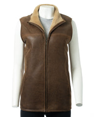 Ladies Antique Tobacco Sheepskin Shearling Gilet: Tori