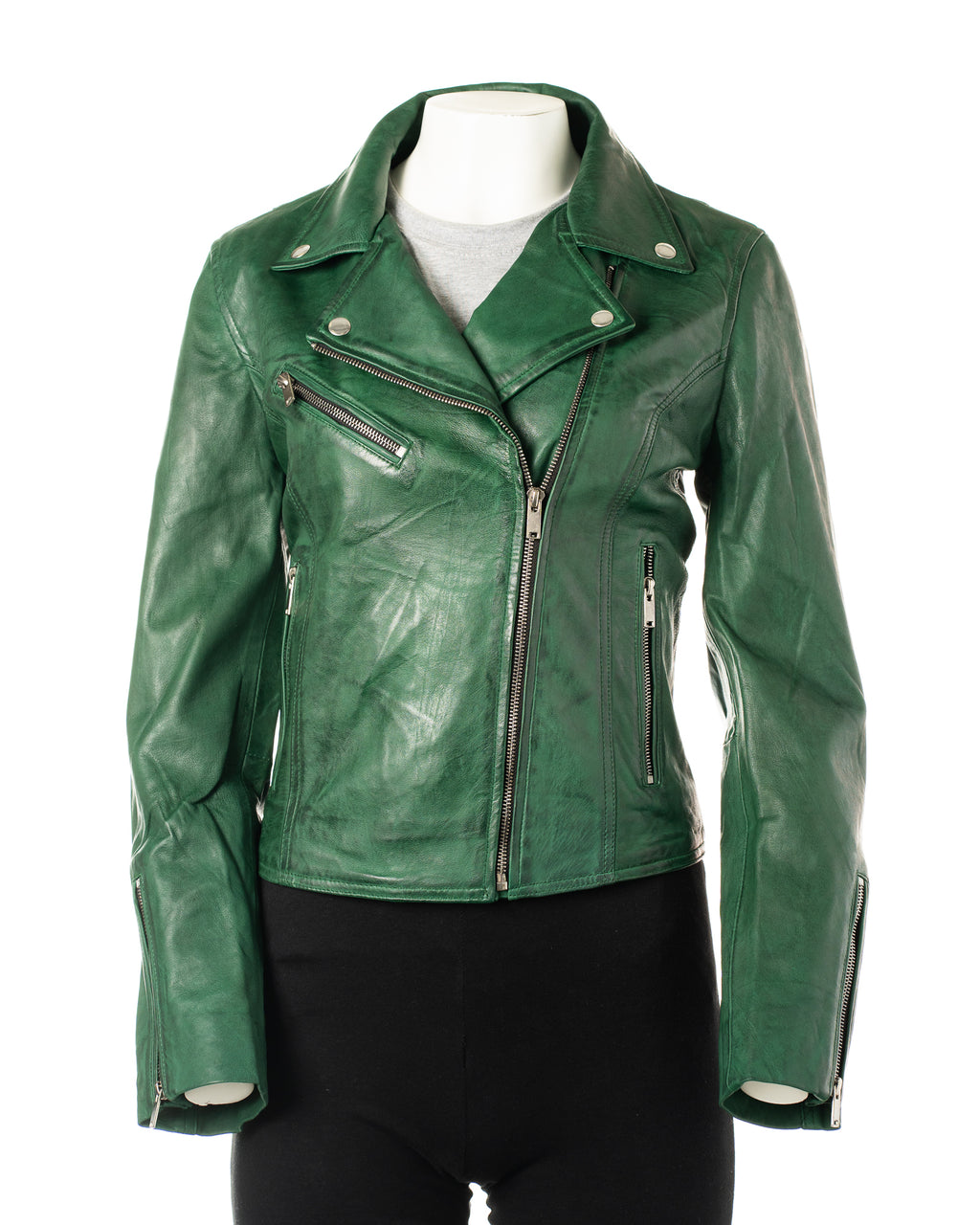 Women's Green Simple Asymmetric Leather Biker Jacket: Brigida