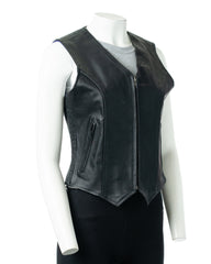 Women's Black Cow Hide Elasticated Waist Motorbike Waistcoat: Leah