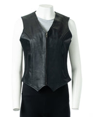 Women's Black Cow Hide Elasticated Waist Motorbike Waistcoat: Leah