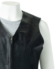 Women's Black Cow Hide Elasticated Waist Motorbike Waistcoat: Leah