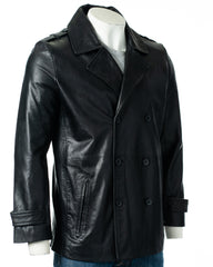 Men's Black Leather Peacoat: Guistino