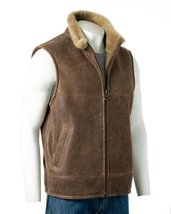 Men's Antique Tobacco Sheepskin Shearling Gilet: Toma