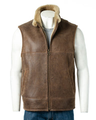 Men's Antique Tobacco Sheepskin Shearling Gilet: Toma