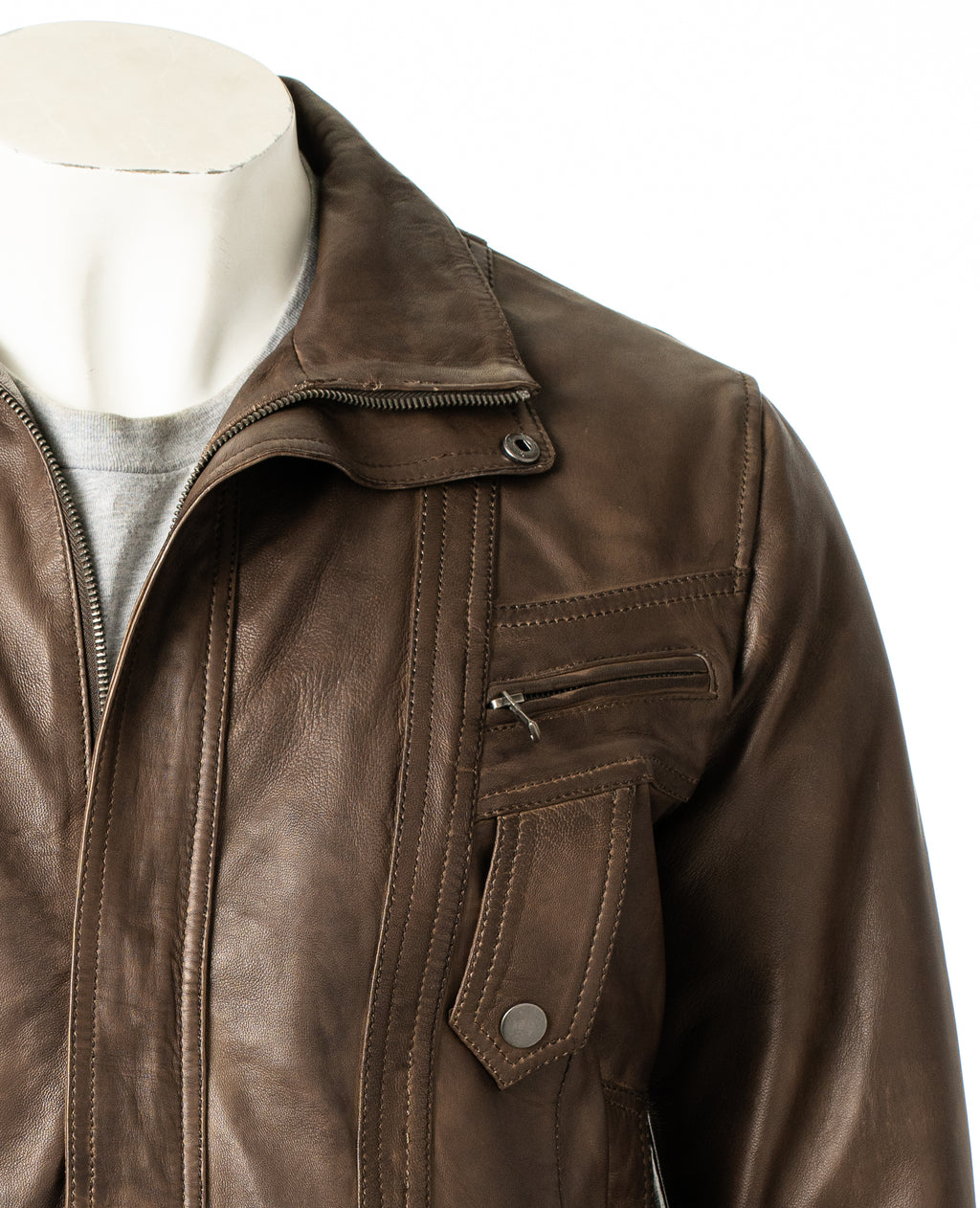 Men's Antique Brown Pocket Detail Blouson Style Leather Jacket: Tony