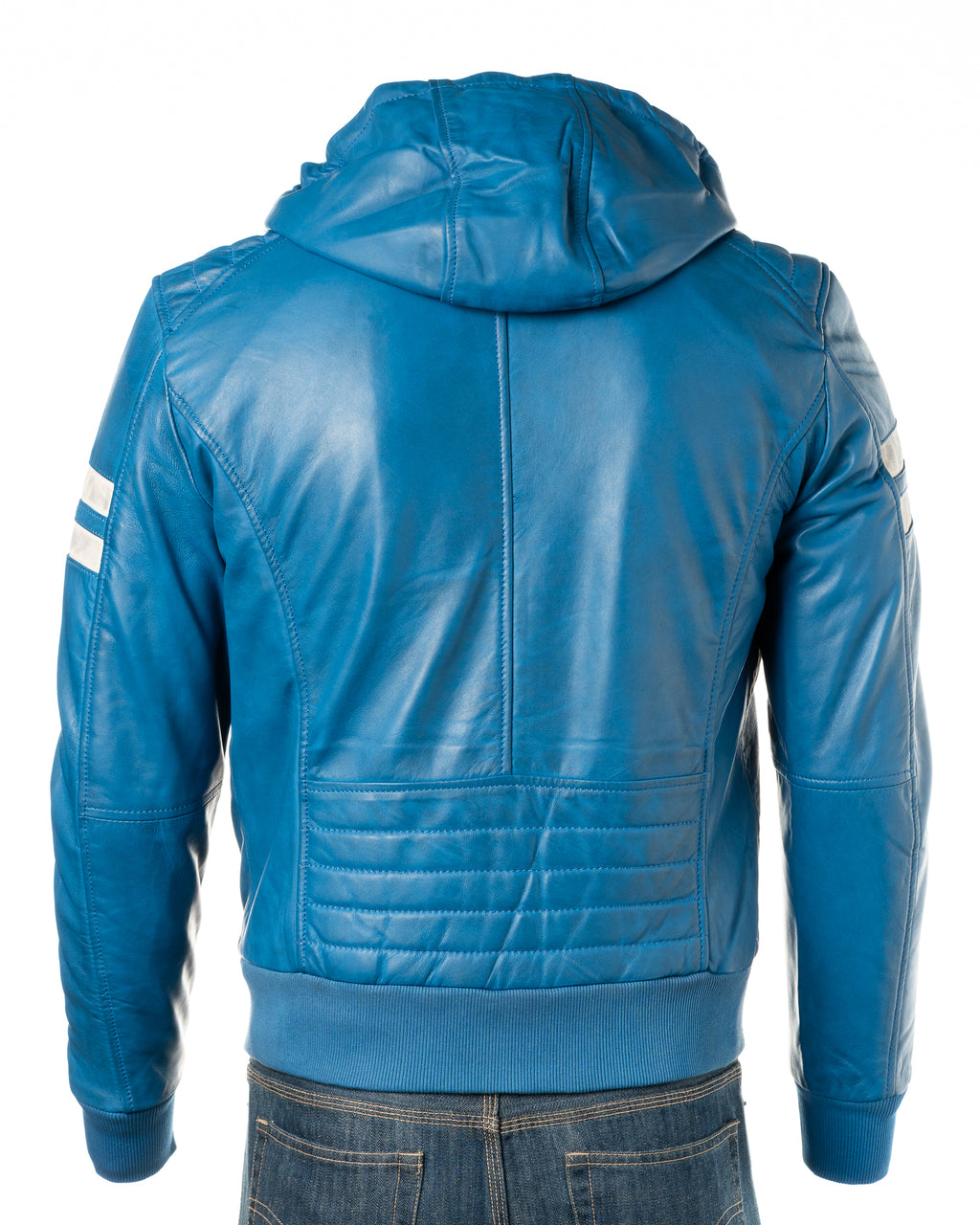 Men's Blue Hooded Contrast Panelled Racer Style Leather Jacket: Rolando