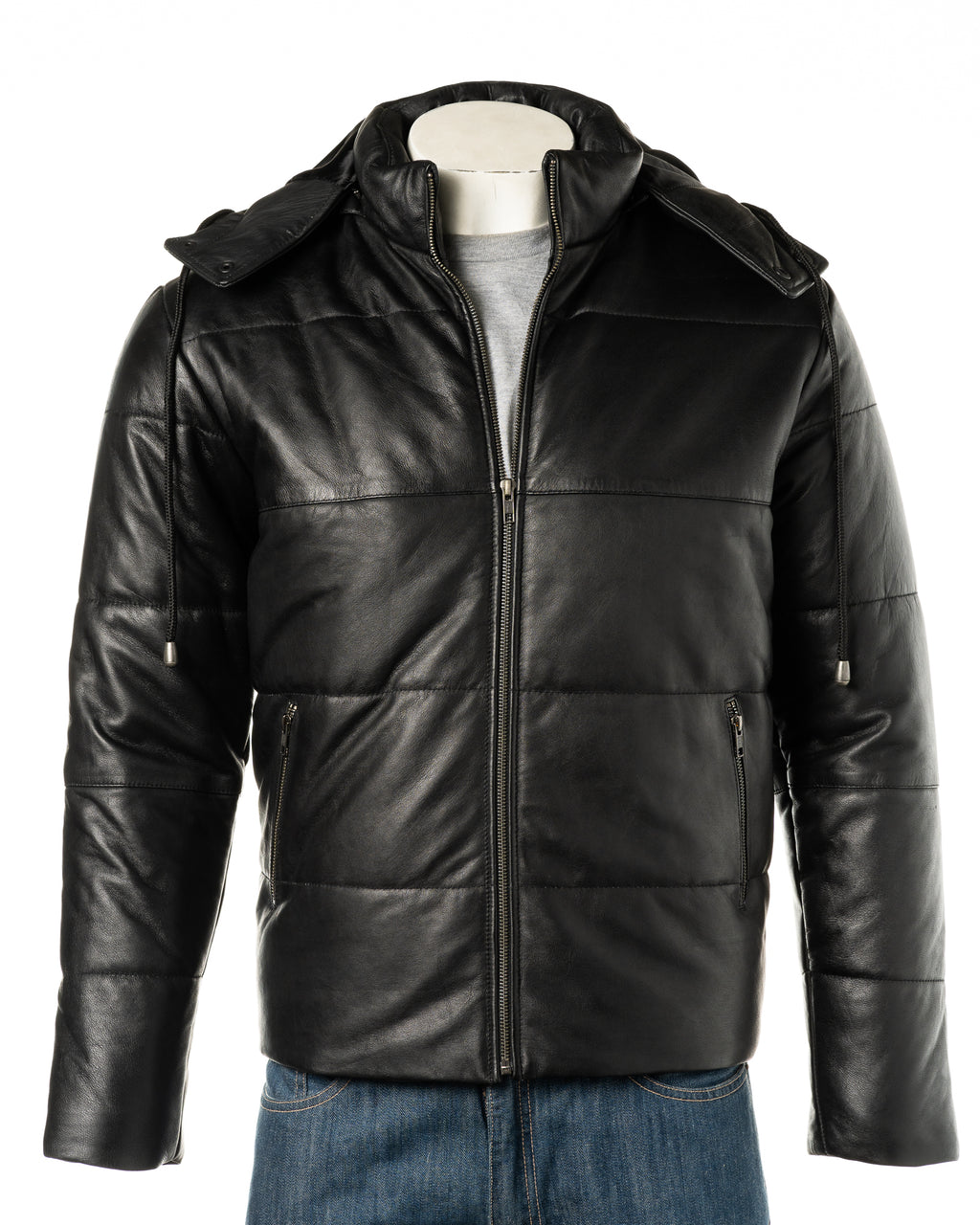 Men's Black Leather Puffer Jacket With Detachable Hood: Dino