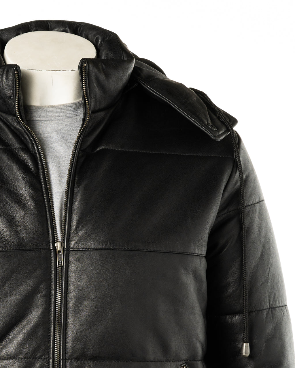 Men's Black Leather Puffer Jacket With Detachable Hood: Dino