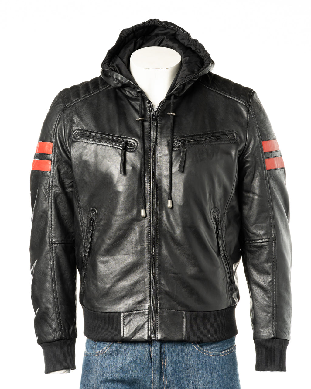 Men's Black Hooded Contrast Panelled Racer Style Leather Jacket: Rolando