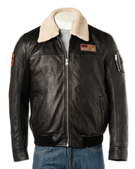 Men's Black Aviator Pilot A2 Style Cow Hide Jacket with Detachable Faux Sheepskin Collar: Giosu
