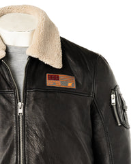 Men's Black Aviator Pilot A2 Style Cow Hide Jacket with Detachable Faux Sheepskin Collar: Giosu