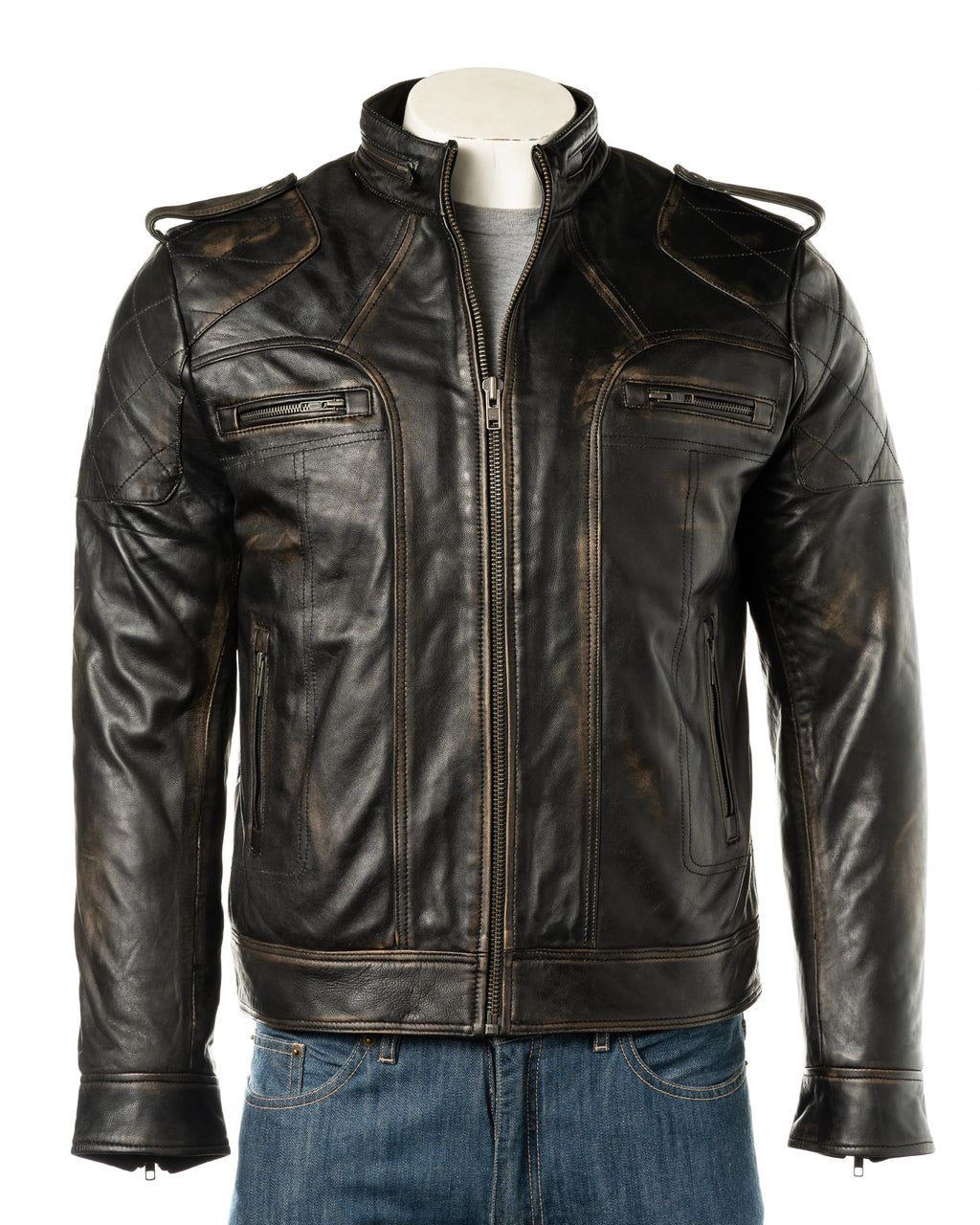 Mens Antique Black Leather Biker Style Jacket: Alvize
