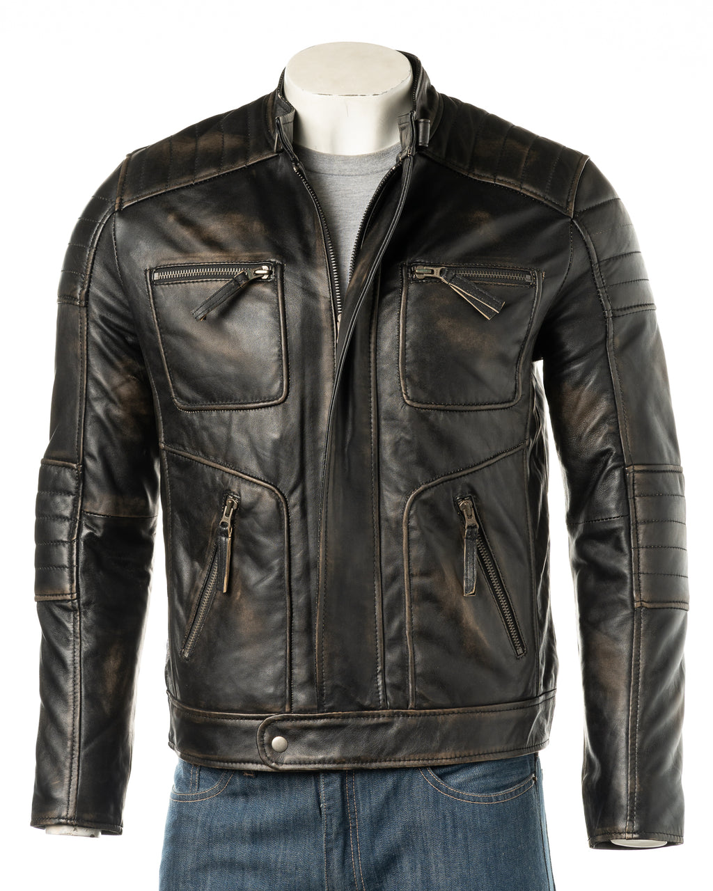 Mens Antique Black Leather Biker Style Jacket: Edoardo