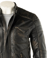 Mens Antique Black Leather Biker Style Jacket: Edoardo