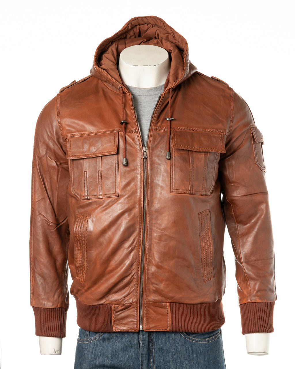 Men's Timber Hooded Bomber Style Leather Jacket: Cesare