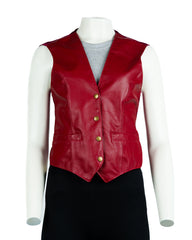 Ladies Cherry Red Half Skin Leather Fitted Waistcoat: Vita