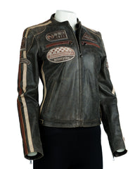 Women's Desert Tan Vintage Style Racing Biker Style Leather Jacket: Paoline