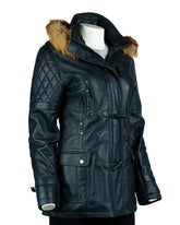 Ladies Navy Fitted Leather Parka Coat With Fur Trimmed Detachable Hood: Marina