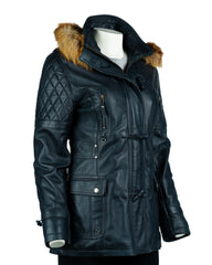 Ladies Navy Fitted Leather Parka Coat With Fur Trimmed Detachable Hood: Marina