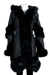 Women's Black Leather Flared Swing 3/4 Length Coat with Hood & Faur Fur Trim: Debz