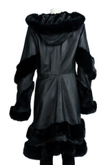 Women's Black Leather Flared Swing 3/4 Length Coat with Hood & Faur Fur Trim: Debz