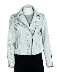 Ladies White and Silver Leather Biker Jacket - Caroline