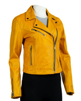 Women's Yellow Simple Asymmetric Leather Biker Jacket: Brigida