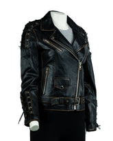 Ladies Antique Black Embossed Brando Style Leather Biker Jacket with Laces - Gabbi