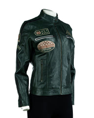 Women's Green Vintage Style Racing Biker Style Leather Jacket: Paoline