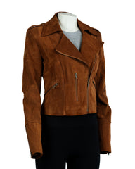 Ladies Charm Exclusive Deep Tan Suede Biker Jacket - Lucia