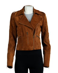 Ladies Charm Exclusive Deep Tan Suede Biker Jacket - Lucia