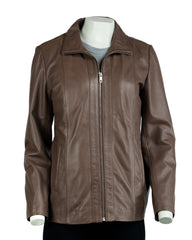 Ladies Taupe Hip Length Leather Jacket: Athena