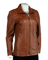 Ladies Tan Hip Length Leather Jacket: Athena