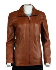 Ladies Tan Hip Length Leather Jacket: Athena