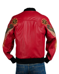 Men's Red Leather Charm Embroidered Bomber Jacket: Carlton