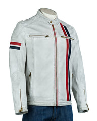 Men's Antique White Vintage Racer Biker Style Jacket: Steve