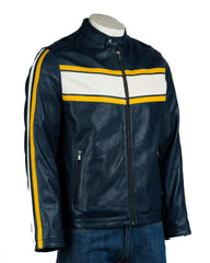 Men's Navy Vintage Leather Cafe Racer Style Biker Jacket: Robin
