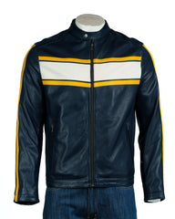 Men's Navy Vintage Leather Cafe Racer Style Biker Jacket: Robin