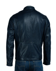 Men's Navy Vintage Leather Cafe Racer Style Biker Jacket: Robin
