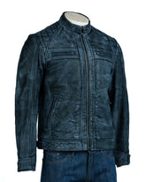 Men's Antique Blue Diamond Shoulder Biker Style Leather Jacket: Geronimo