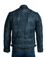 Men's Antique Blue Diamond Shoulder Biker Style Leather Jacket: Geronimo