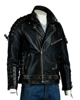 Men's Antique Black Embossed Brando Style Cow Hide Biker Jacket with Laces - Abe