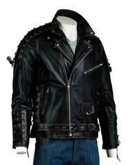Men's Antique Black Embossed Brando Style Cow Hide Biker Jacket with Laces - Abe