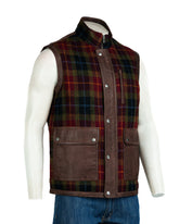 Mens Red Country Tweed & Buff Leather Gilet: William