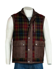 Mens Red Country Tweed & Buff Leather Gilet: William