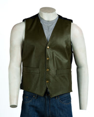 Men's Khaki Green Half Skin Leather Waistcoat: Vito