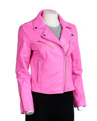 Ladies Fluorescent Pink Leather Biker Jacket - Caroline