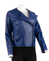 Ladies Indigo Leather Round Neck Biker Style Jacket: Melanie