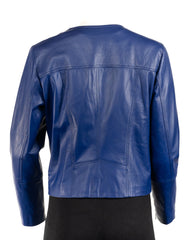 Ladies Indigo Leather Round Neck Biker Style Jacket: Melanie